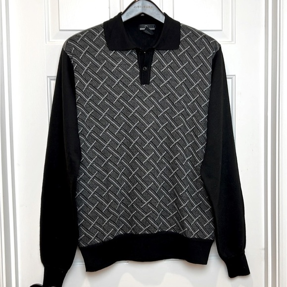Cheresken 2 Button Collared Sweater Size XL Black with Basket Weave Grey Pattern - Picture 1 of 7